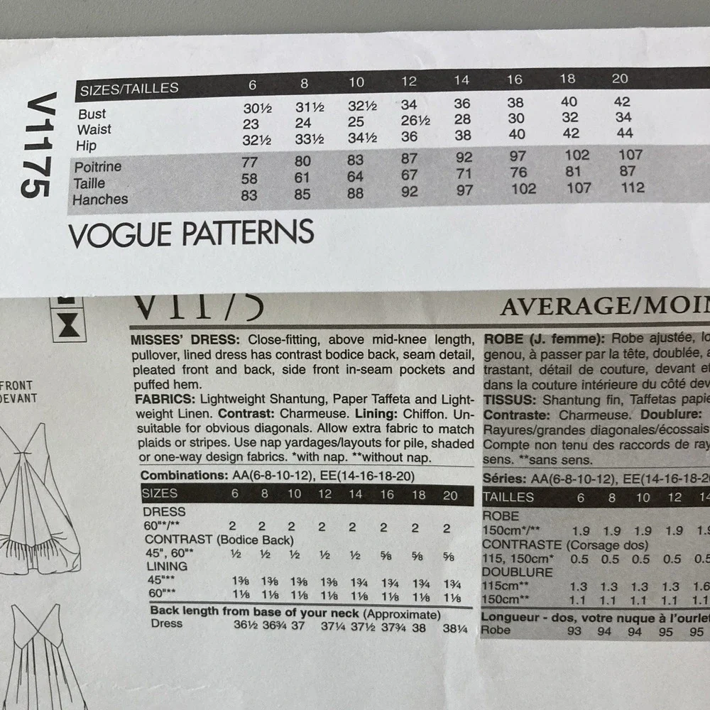 Vogue American Design Pattern 1175 Donna Karan Sleeveless V-neck Dress Sz 14-20